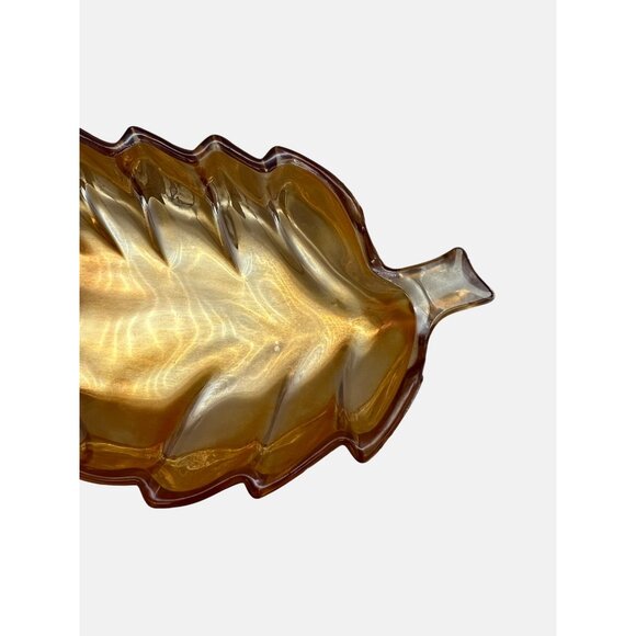 Vintage Leaf-Shaped Carnival Glass Dish Double Stems Marigold 11" x 4.5" Snack - Picture 2 of 7